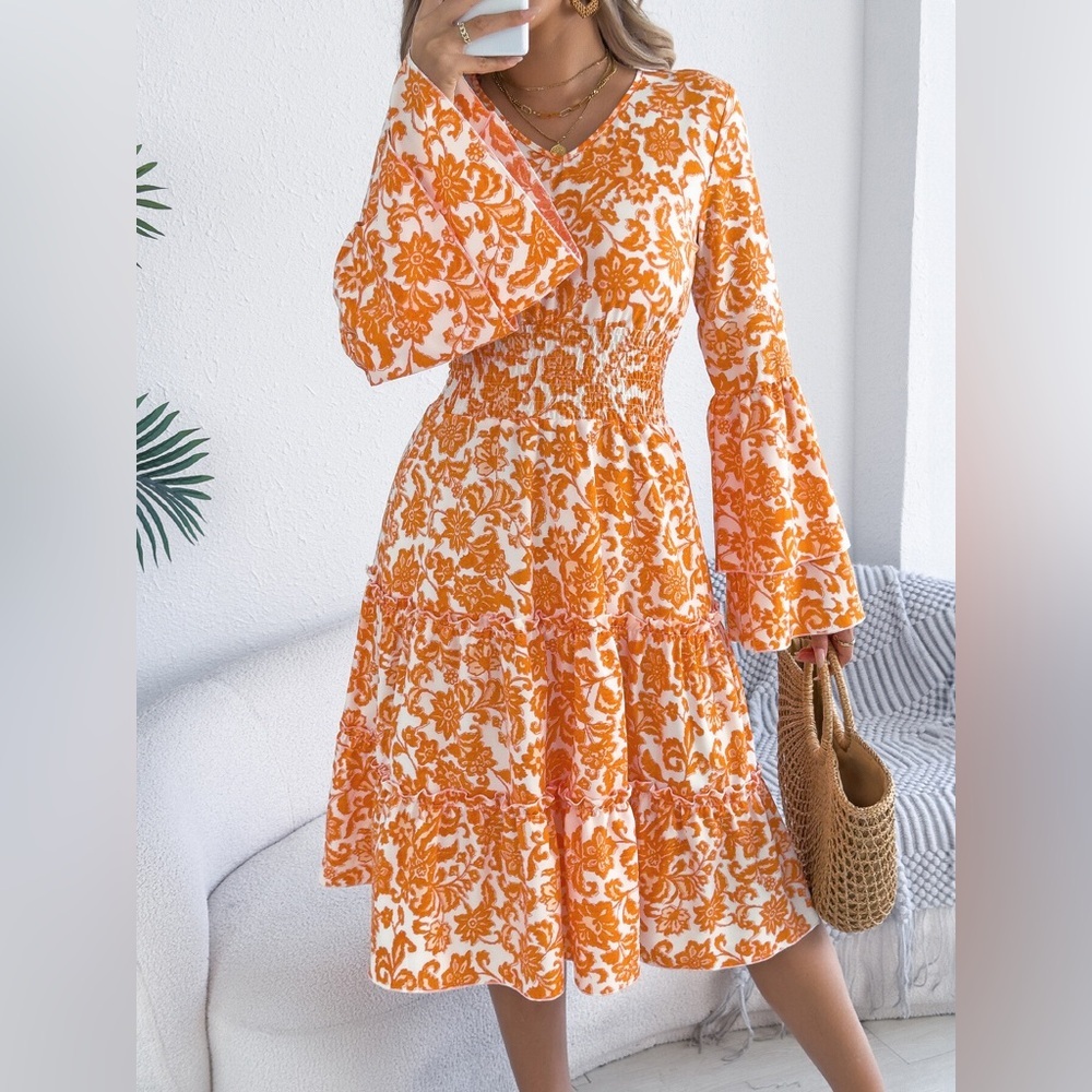 Floral Print Smocked Ruffle Hem Flared Sleeve Dress